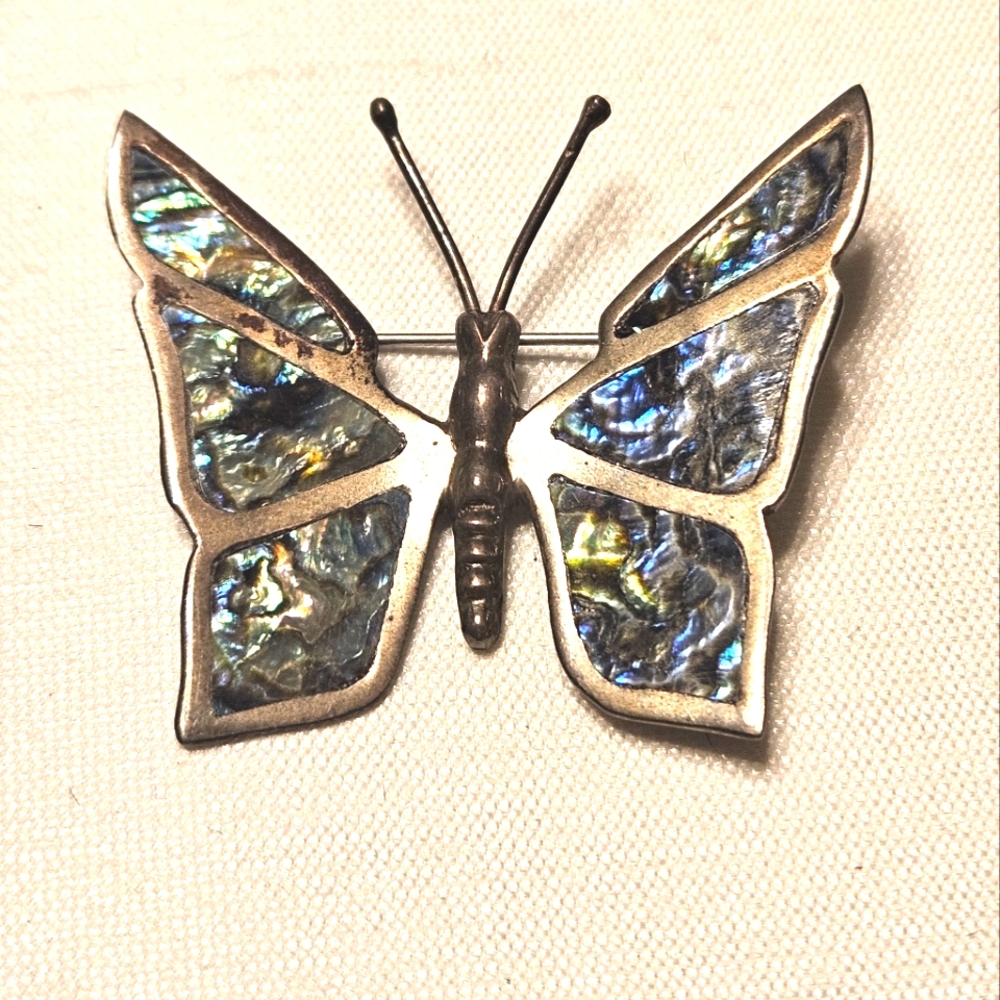 Vintage Mexico .925 Sterling Silver Abalone Shell Butterfly Pin Brooch